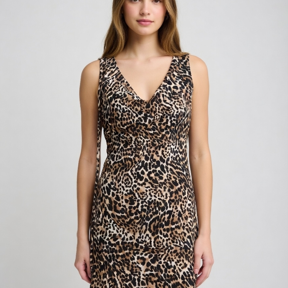V-Neck Leopard Print Midi Dress in Tan/Black Bin 10